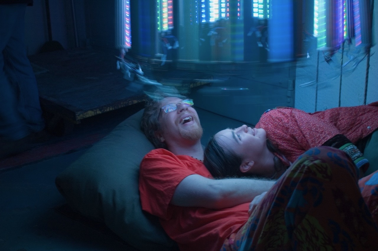 Exterior view of the Strange Attractor installation at night